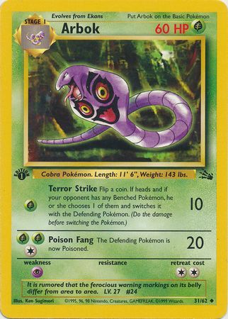 1999 Pokémon TCG Arbok Poison Fang 60HP 31/62 - First Edition