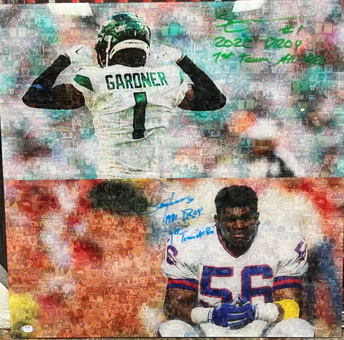 Sauce Gardner/Lawrence Taylor Dual Autographed/Inscripted Mosaic Print Version 1